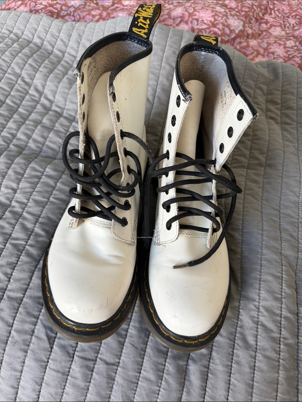 Dr. Martens White Leather Lace-Up Combat Boots with Black Trim